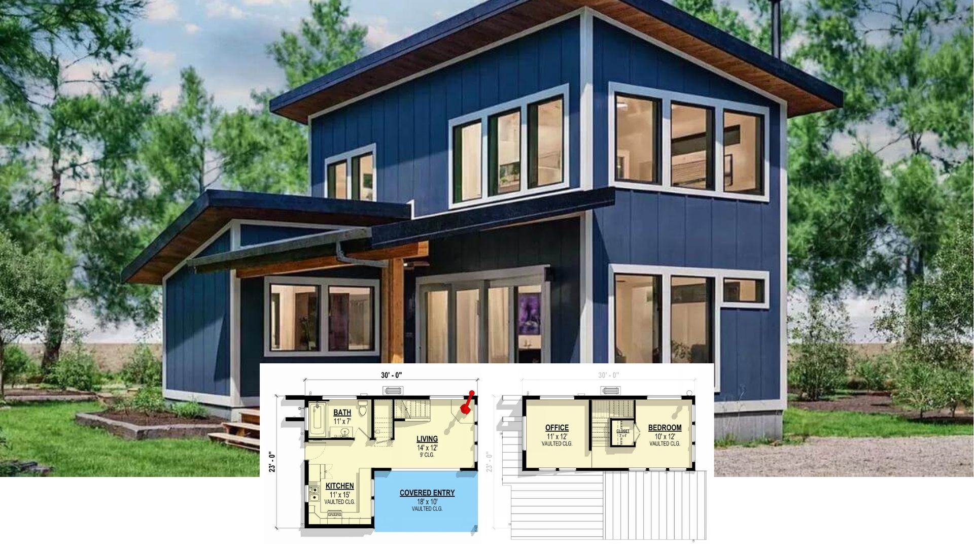 Step Inside This Bold Blue 2-Bedroom Contemporary Craftsman with Striking Angled Rooflines (≈1,280 Sq. Ft. Floor Plan)