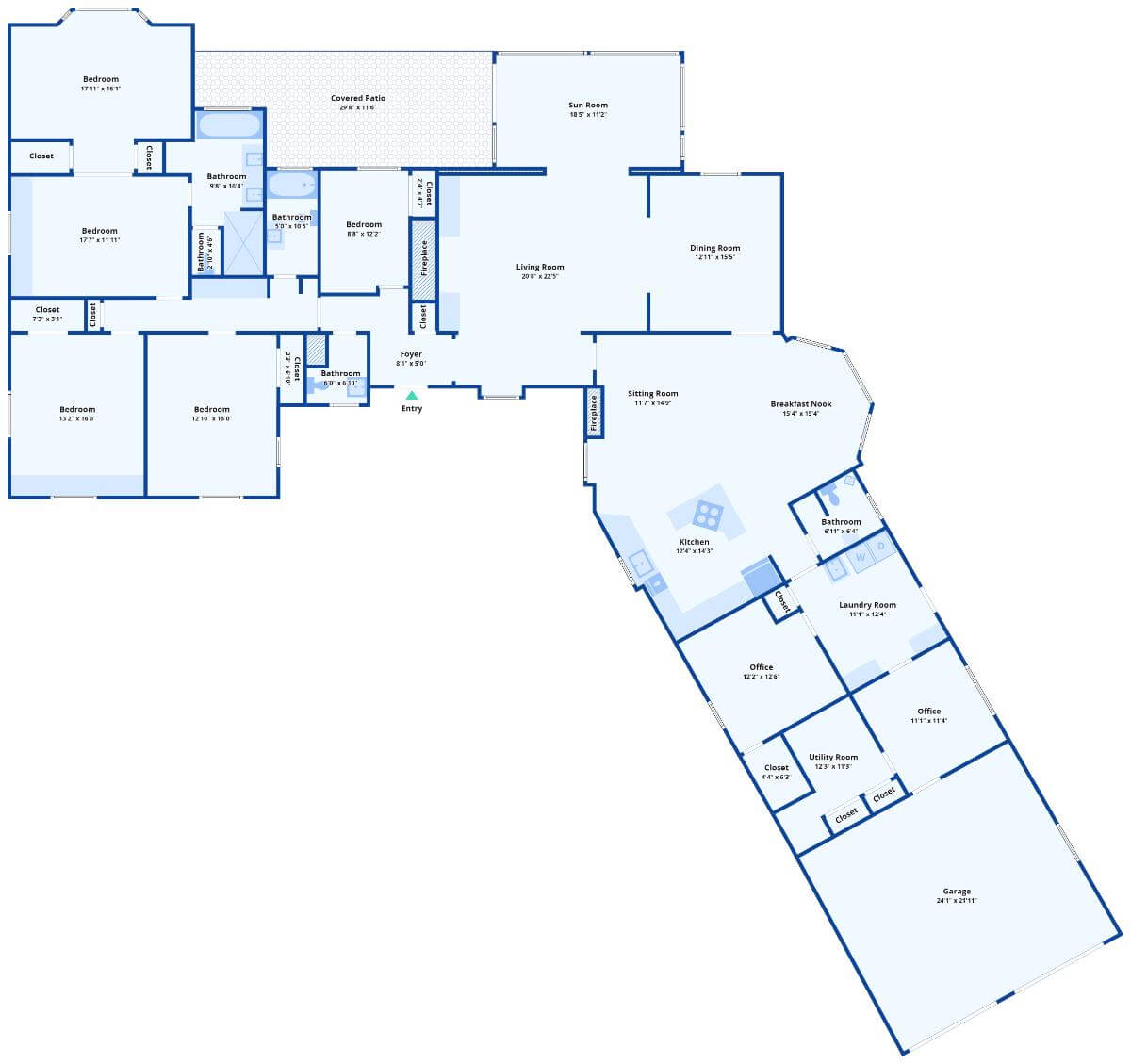 Main level floor plan of a single-story ranch style 5-bedroom home home with foyer, living room, dining room, sunroom, kitchen, breakfast nook, two offices, laundry, and angled garage.
