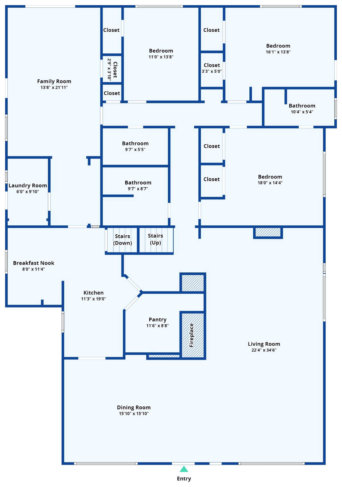 Main level floor plan of a custom-built 7-bedroom contemporary style home with living room, dining room, kitchen, breakfast nook, three bedrooms, and a family room.