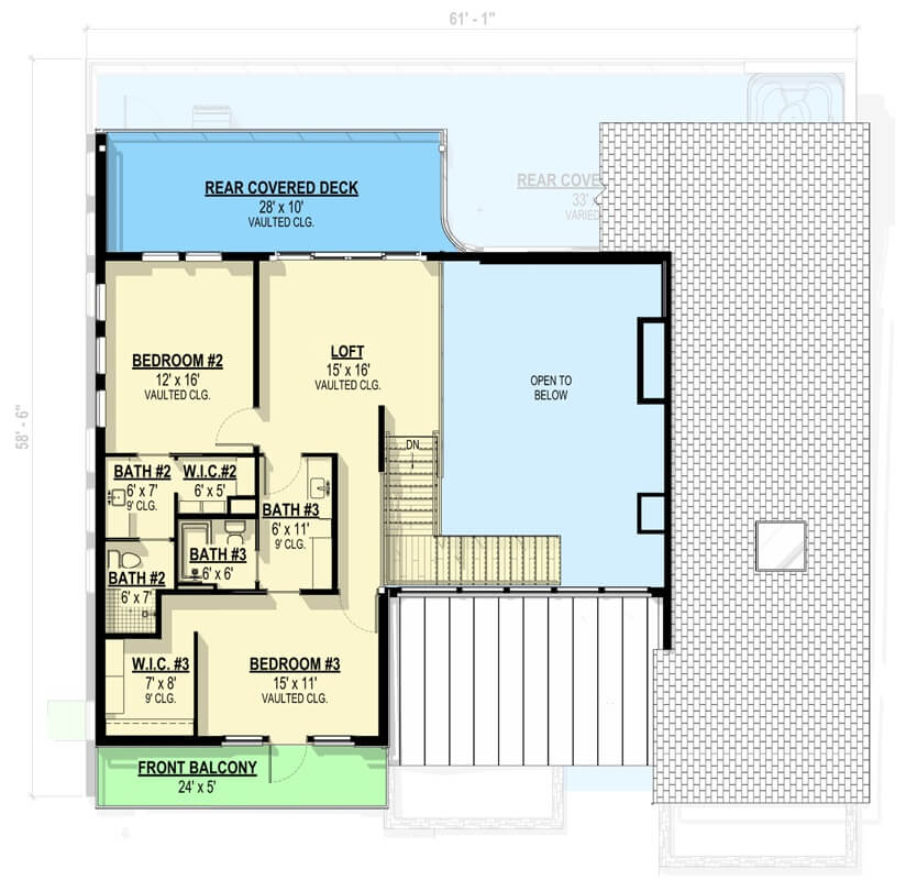 Second level floor plan with two bedrooms, two baths, and a loft that opens to the rear deck.