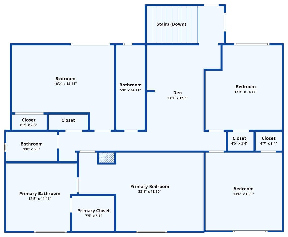 Second level floor plan with four bedrooms and a den.