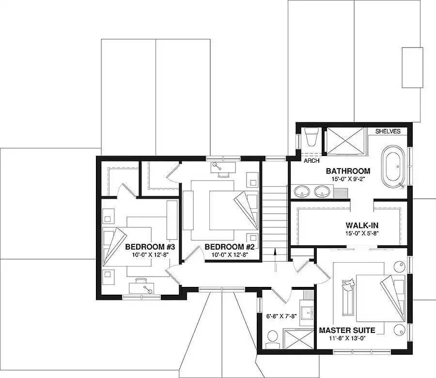 Second level floor plan with three bedrooms and two bathrooms.