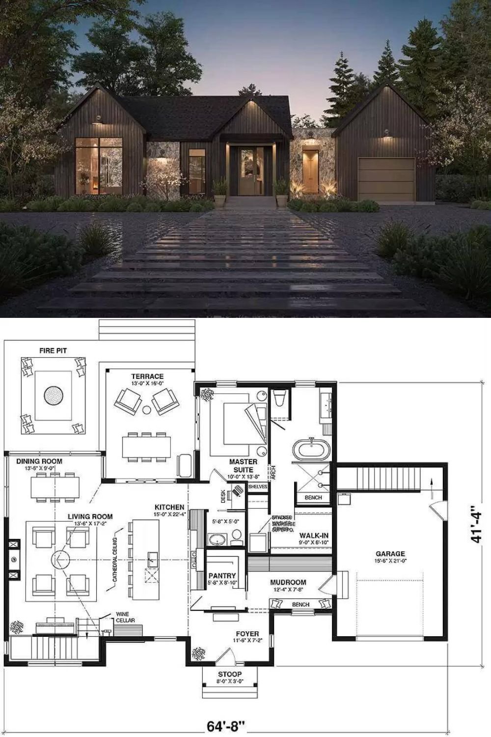 Vertical wood siding, stone accents, and huge windows that flood the interior with abundant sunlight adorn this 4-bedroom Scandinavian home. It includes a sleek portico and a single front-facing garage that enters the home through the mudroom.