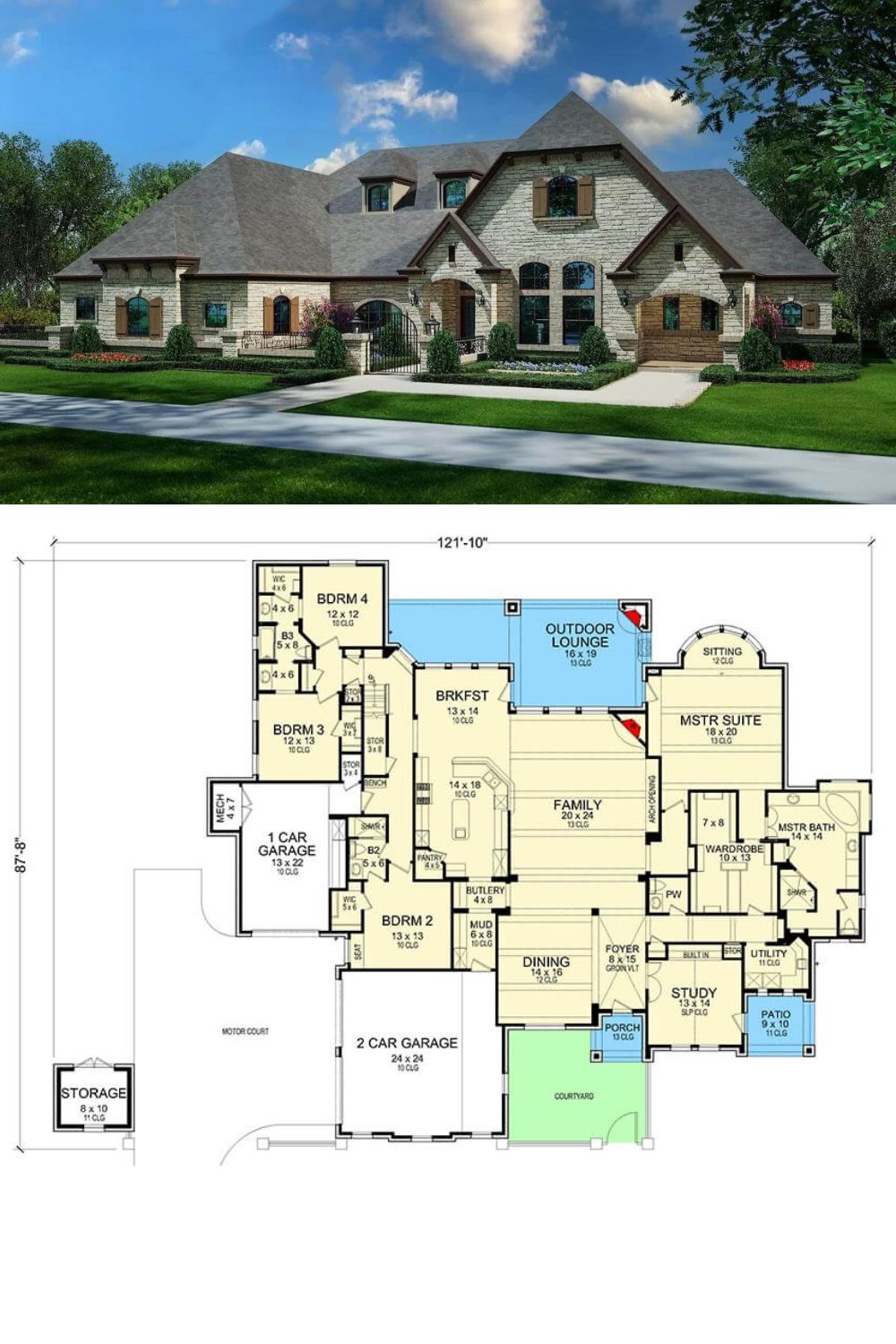 A classic stone exterior, varied rooflines, a couple of dormers, and shuttered arched windows embellish this two-story French country home. It includes a covered entry, multiple garages, and a beautiful courtyard enhancing the home&rsquo;s curb appeal.