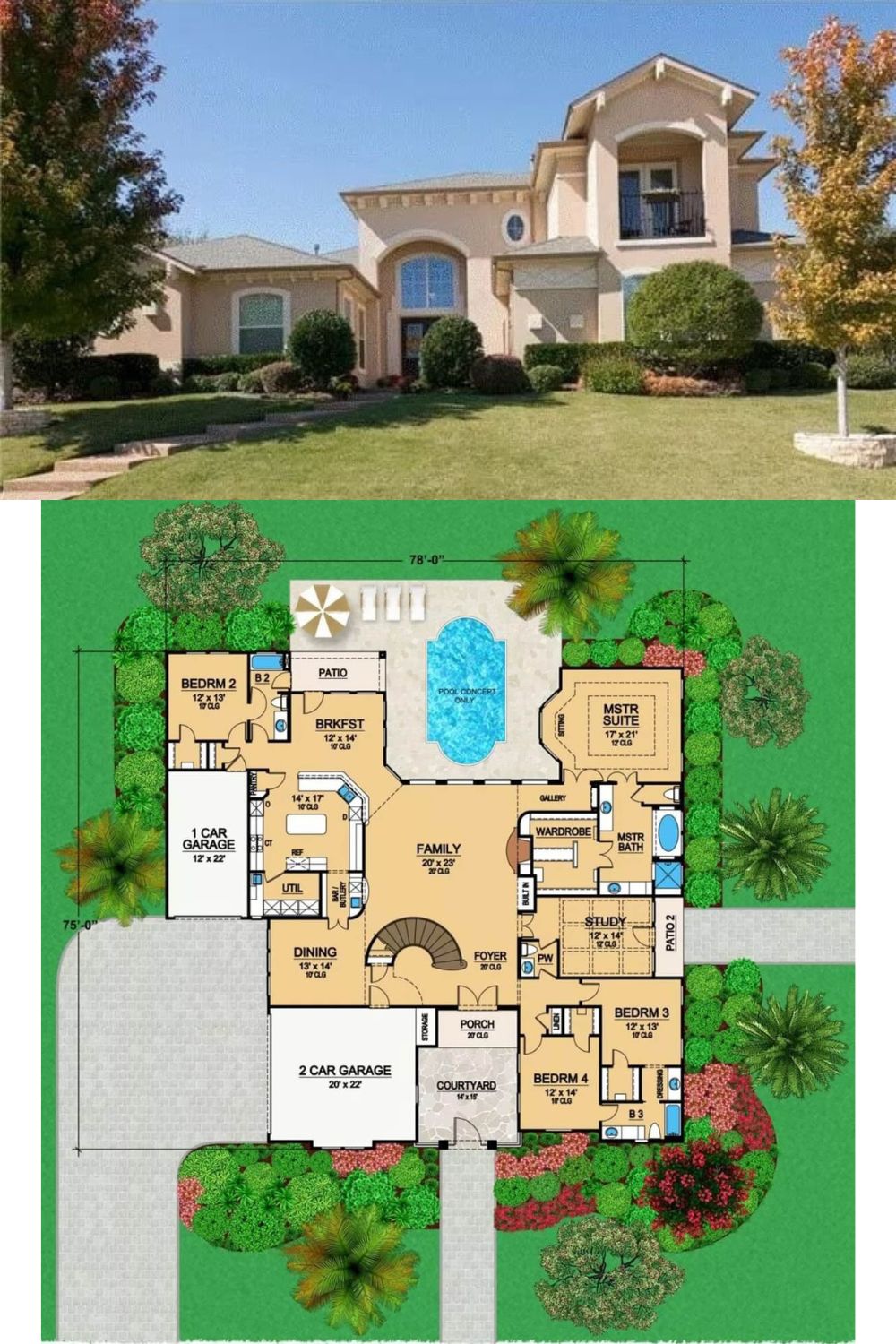 This two-story Mediterranean home is adorned with a stately stucco exterior, exposed rafters, and large arches framing the balcony and windows. It features multiple garages and a wonderful courtyard that greets guests with flair.
