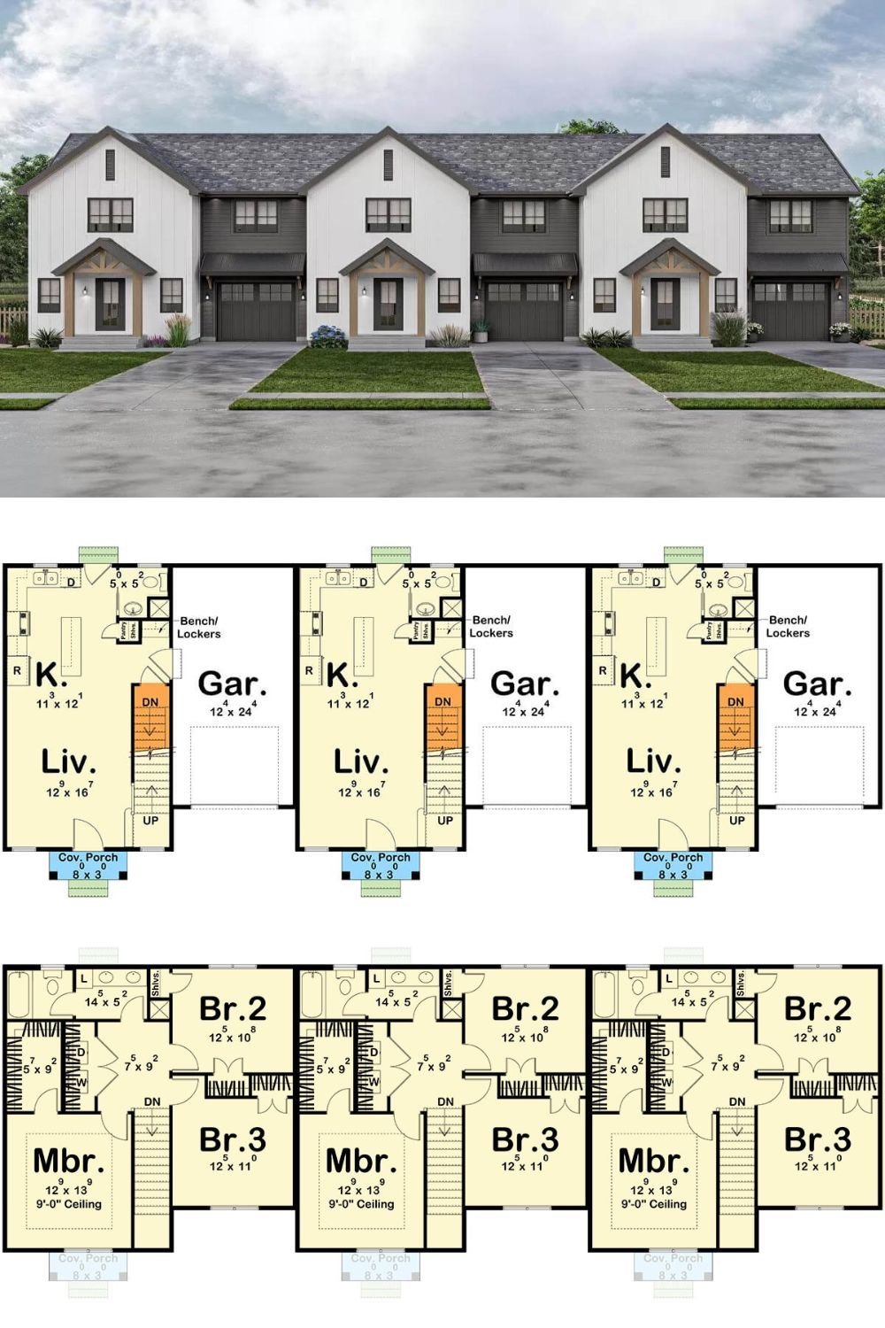 This modern farmhouse style triplex is adorned with vertical and horizontal siding, gable rooflines, and a covered entry framed with an exposed truss and timber posts. Each unit comes with 3 beds, 2 full baths, and a single garage.