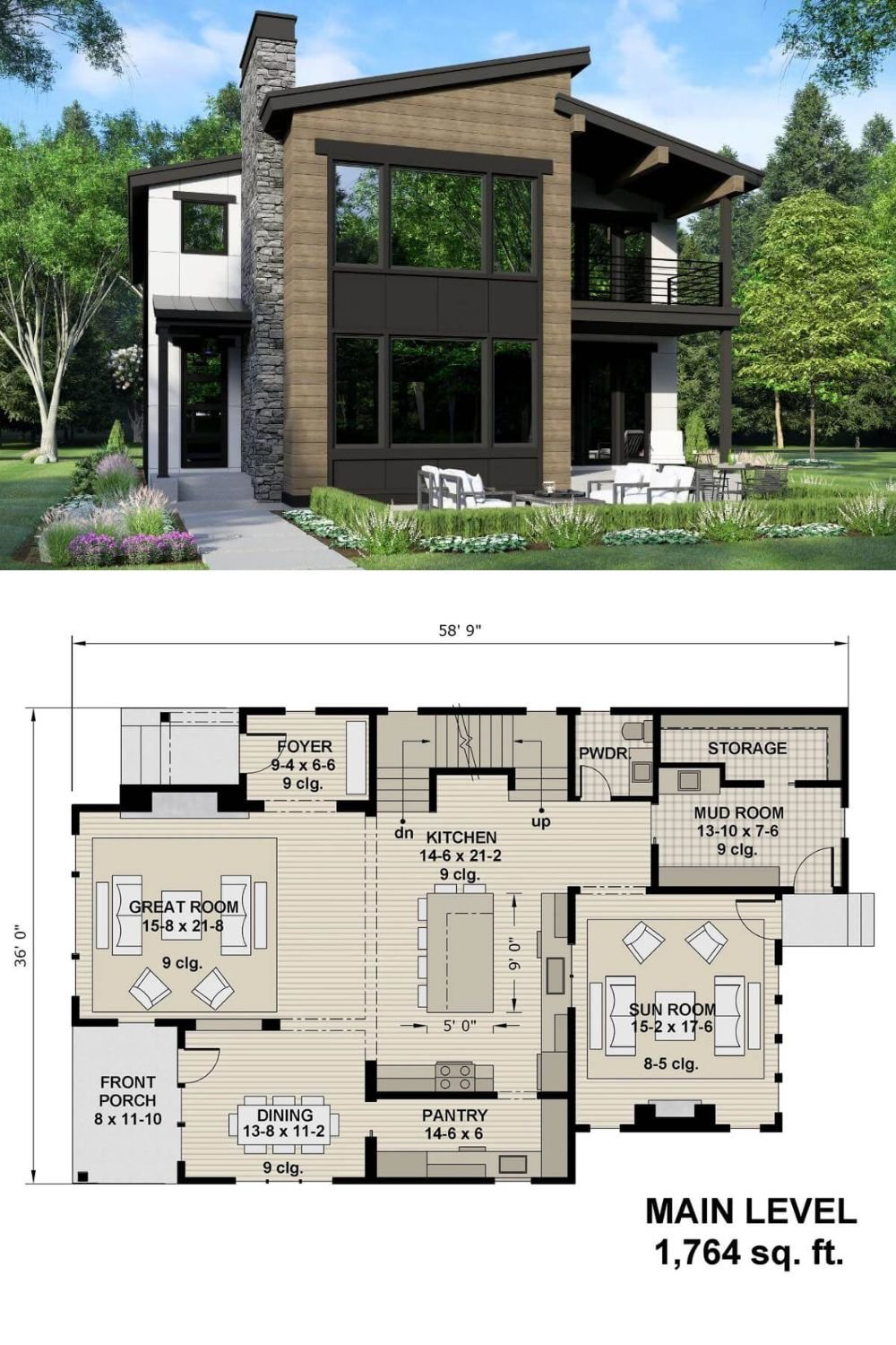 A blend of wood siding, concrete panels, and stone accents gives this two-story modern home a striking curb appeal.