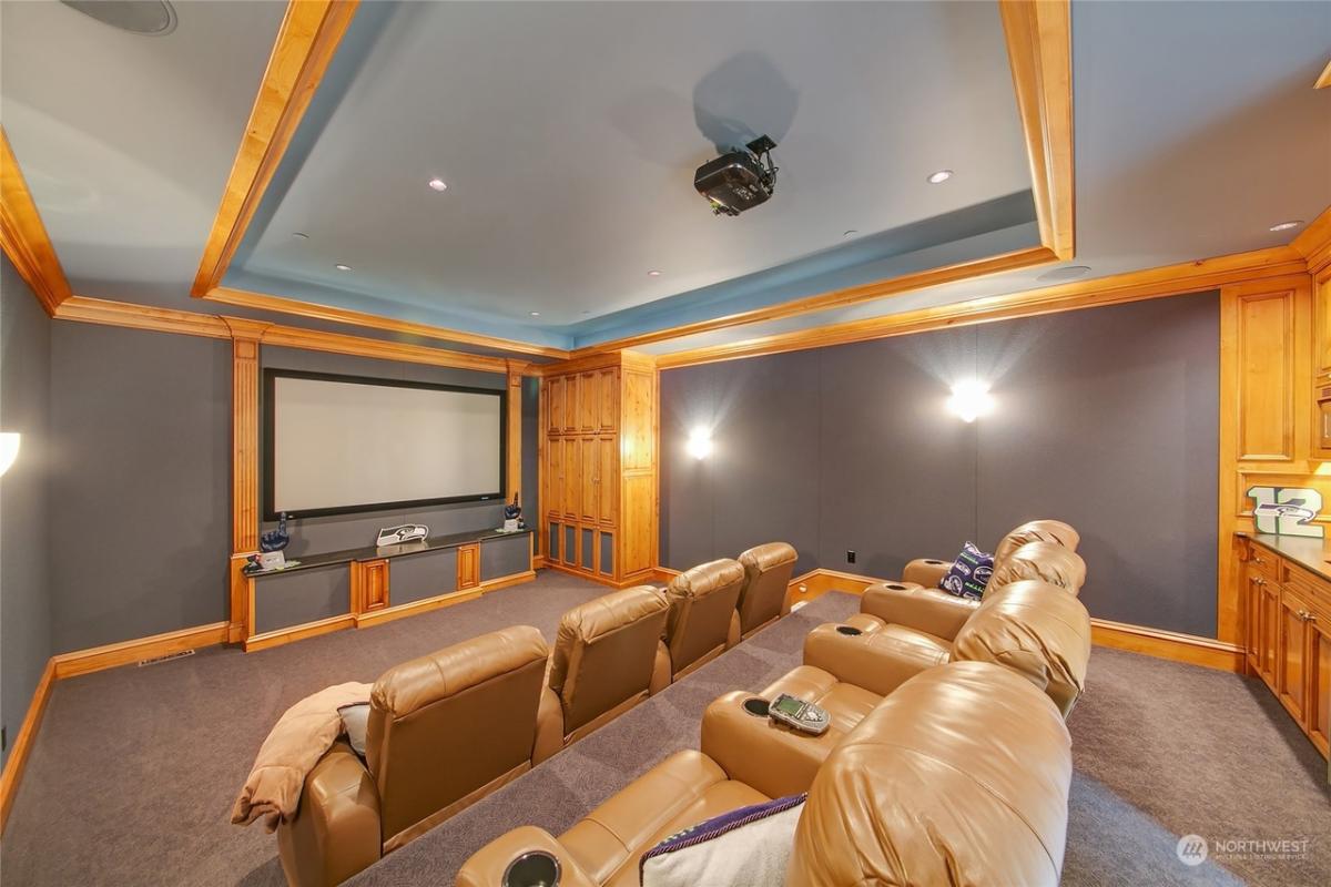 Home theater with reclining chairs.