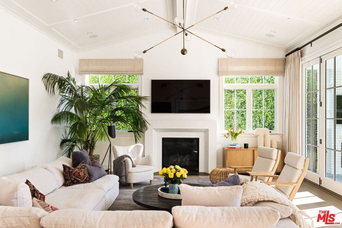 The living room features windows, a TV, fireplace, house plant, couches, chairs, and a round center table.