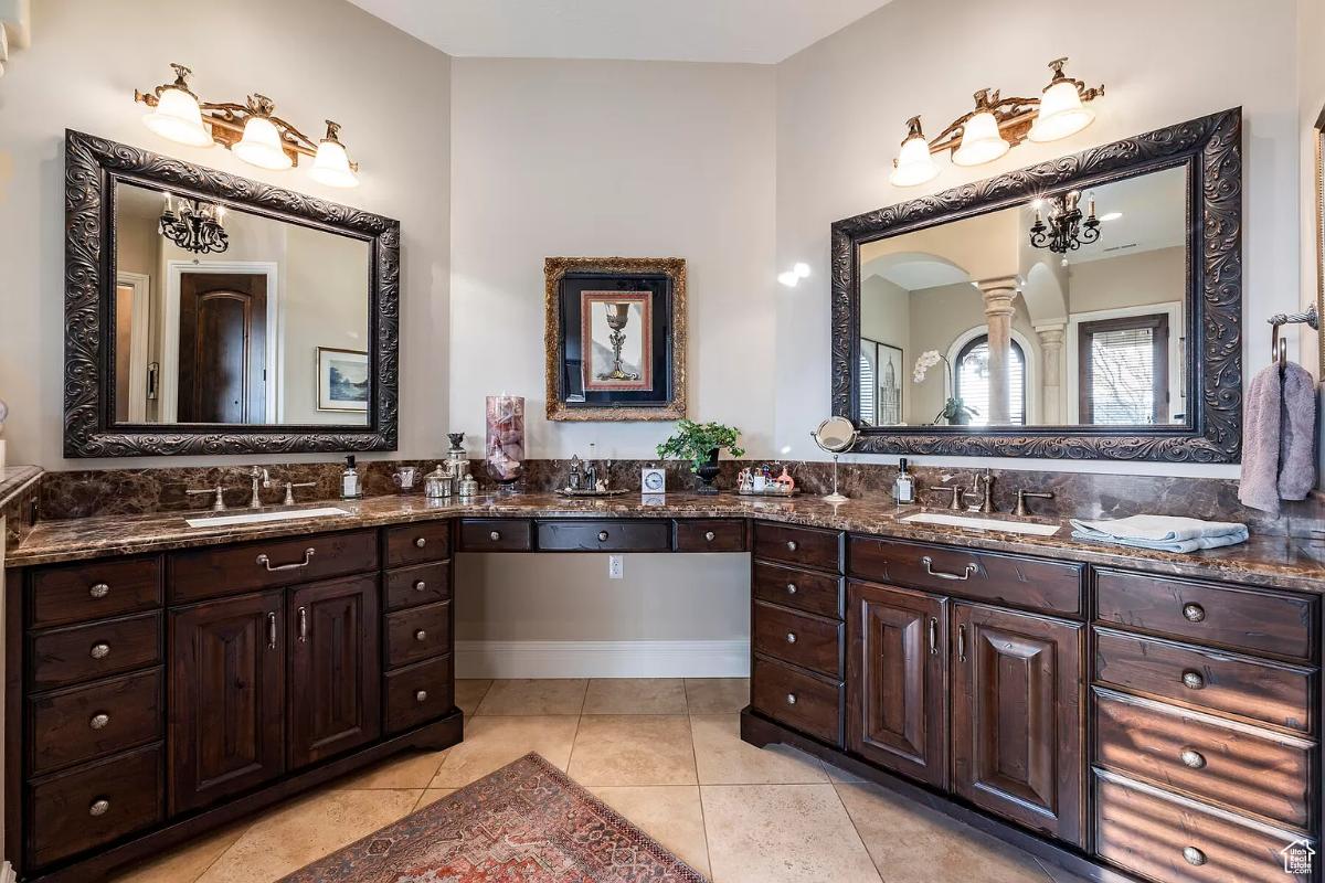 Bathroom with custom-made vanities.