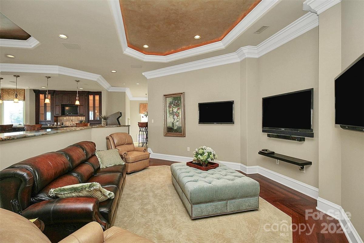 Media room with couches and TVs.