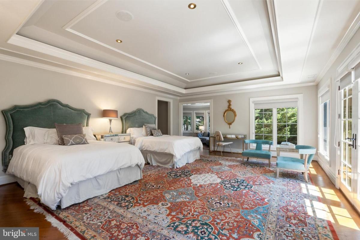 Bedroom with two bed and glass windows.