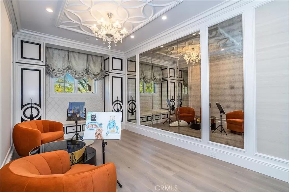 Art room with a chandelier.