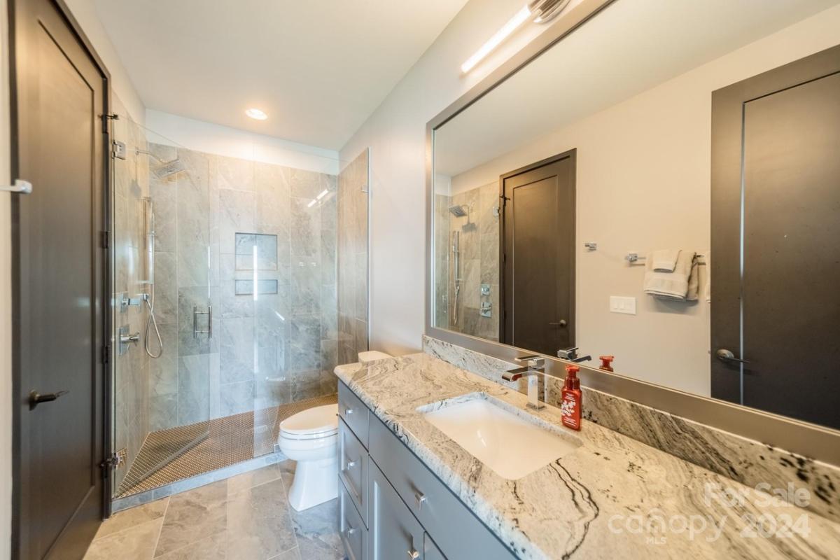 Bathroom with a sink, toilet and a walk-in shower.