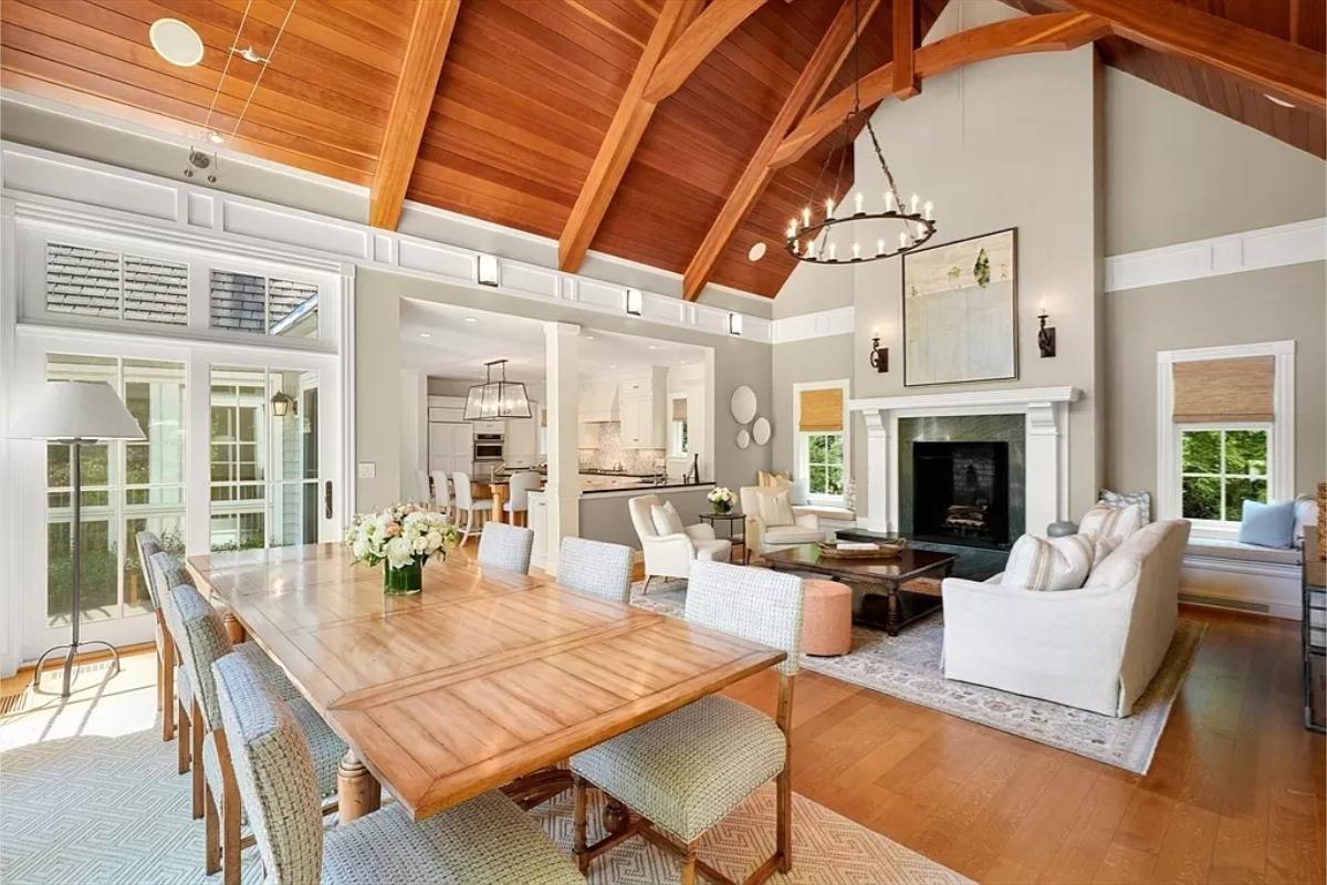 Dining room with a large wood table.