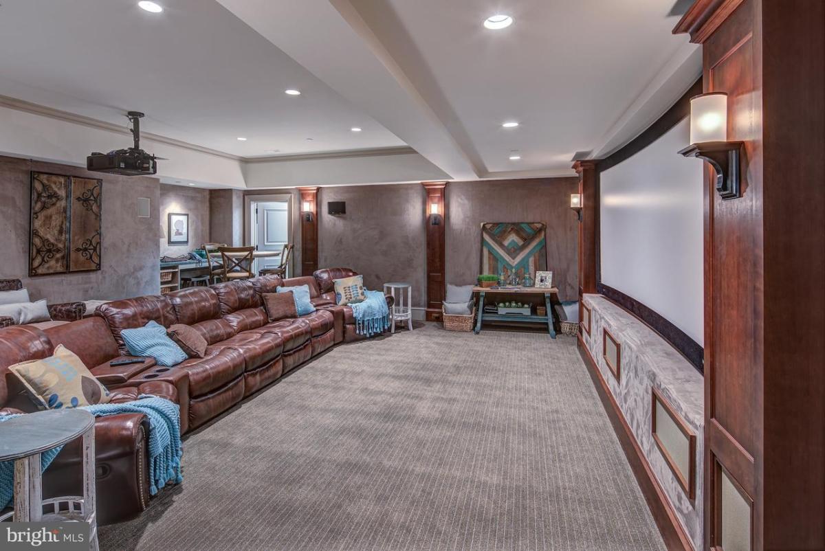 Home theater with carpet floors and custom lighting.