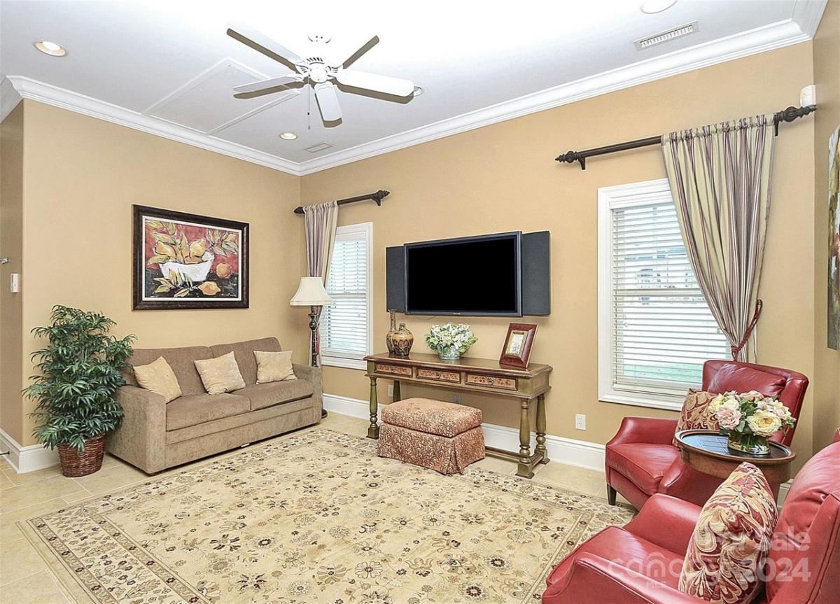 Living room with couches and a TV.
