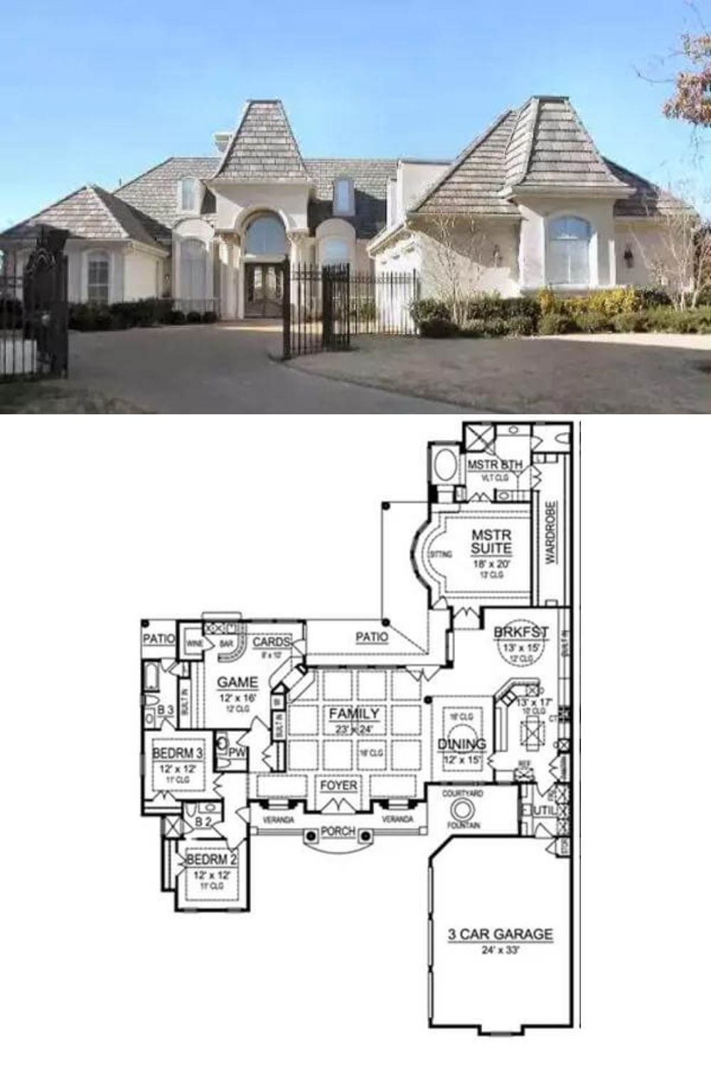Clay-tiled roofs, arched dormers, and a towering entry lined by decorative columns adorn this 3-bedroom traditional home. It includes a 3-car side-loading garage that protrudes from the front creating a parking courtyard for guests.