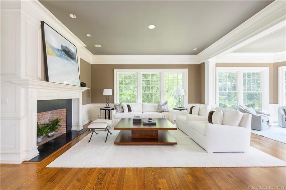 Living room with hardwood floors and a fireplace.
