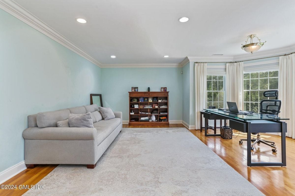 The home office is equipped with windows, a cabinet, rug, couch, and a desk with a chair.
