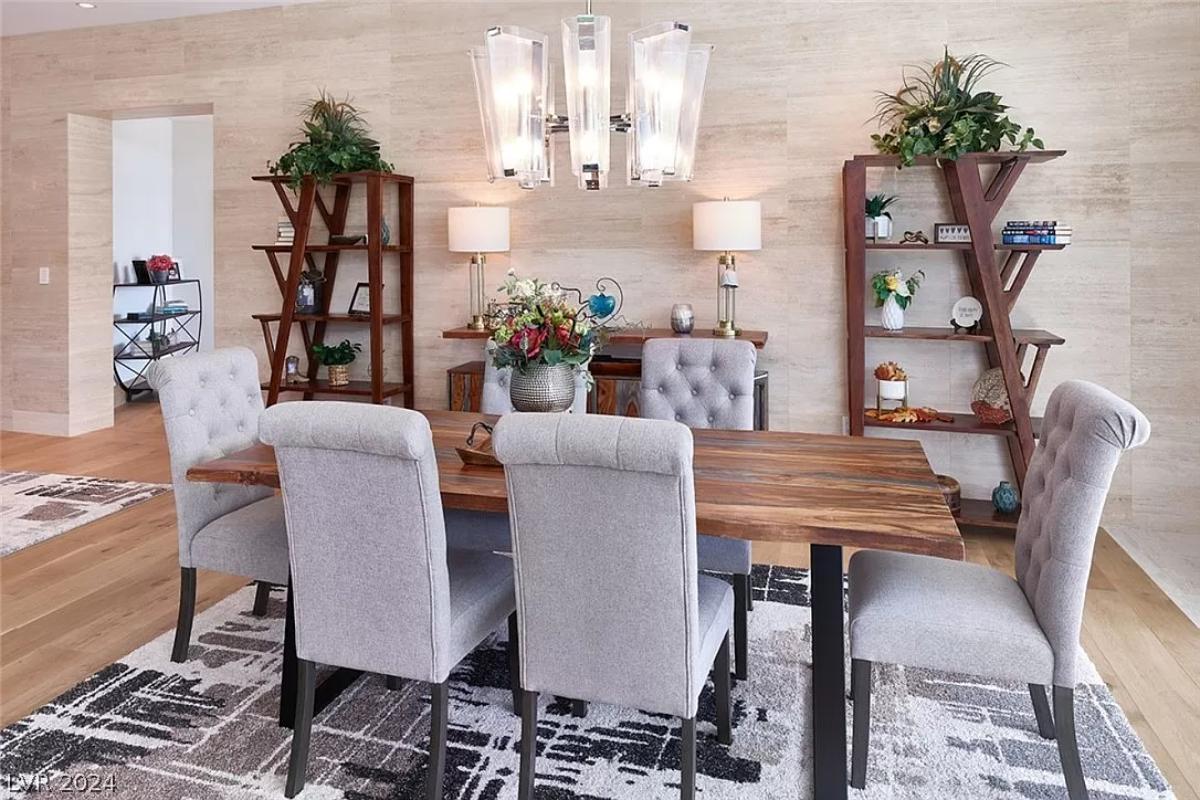 Dining room with a large wood table.