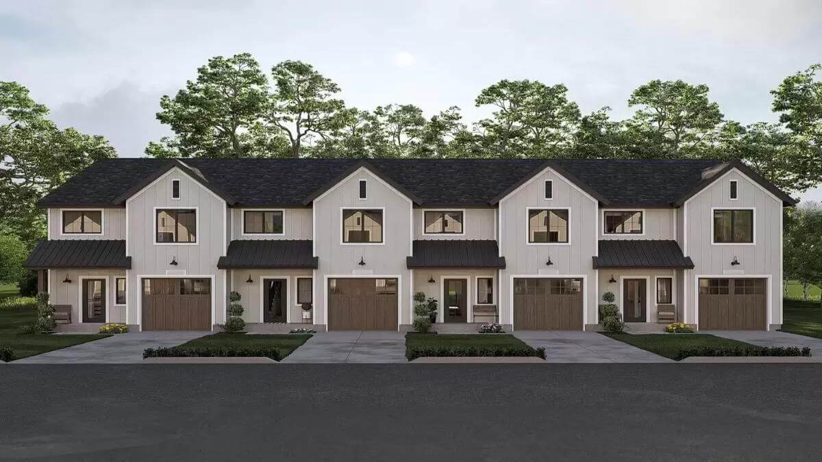 Cottage Style Two-Story Quadplex with Front Porch and 3-Bed Matching Units (Floor Plan)