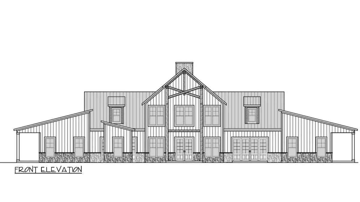 The front elevation of the 6-bedroom two story barndominium home