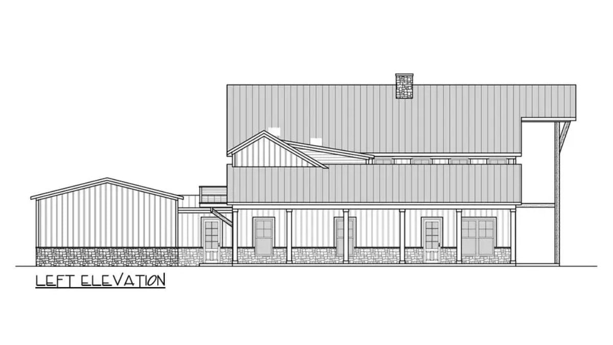 The left elevation of the 6-bedroom two story barndominium home