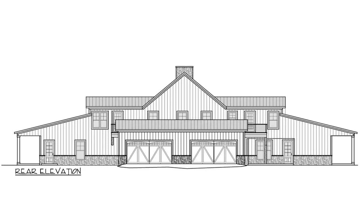 The rear elevation of the 6-bedroom two story barndominium home