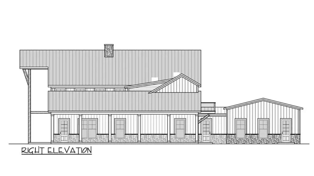 The right elevation of the 6-bedroom two story barndominium home