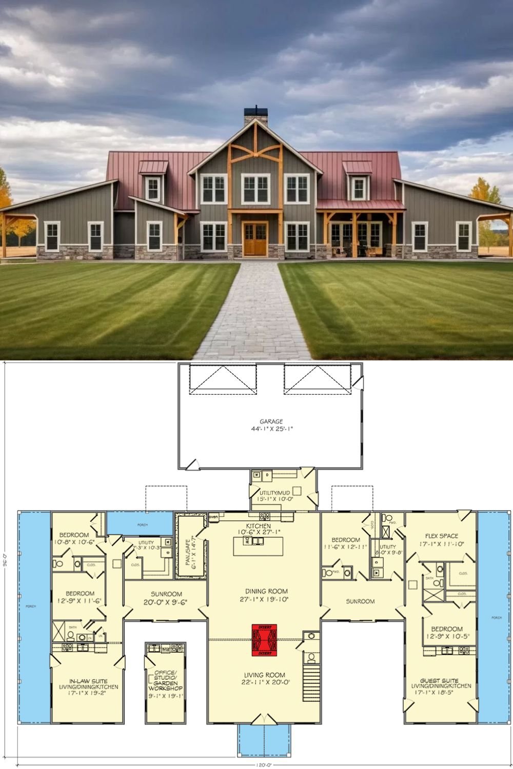 6-Bedroom Two Story Barndominium Home with Dual In-Law Apartments 