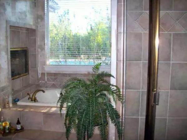 The primary bathroom includes a bathtub warmed by a fireplace
