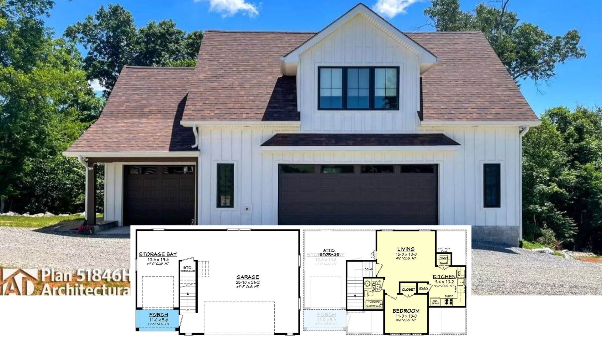 Tour This 522-Sq-Ft Contemporary Farmhouse with Bold Black-and-White Curb Appeal and an Oversized Garage (Floor Plan)