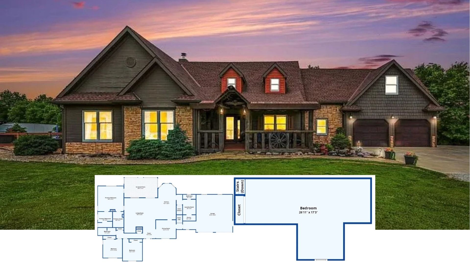 Take a Twilight Tour of This 3-Bedroom, 3-Bath Craftsman Retreat with Pond Views and a Screened Patio