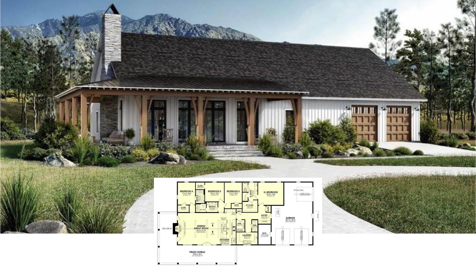 Tour This 3,020-Sq.-Ft. Mountain Farmhouse with Wraparound Porch, Vaulted Great Room, and 3-Car Garage