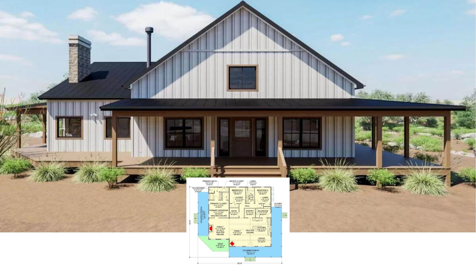 Tour This 2,850-Sq-Ft Modern Farmhouse with a Wraparound Porch and Vaulted Great Room (Floor Plan)