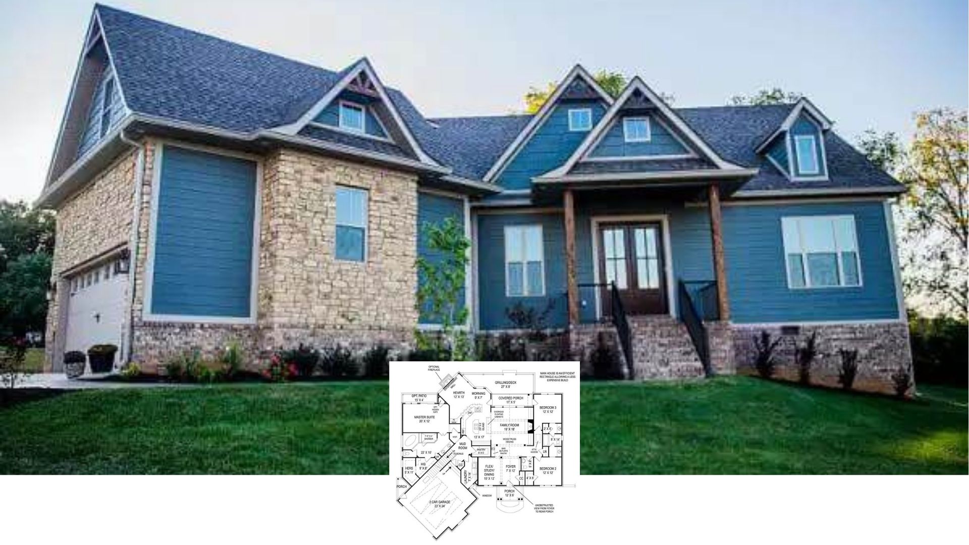 Step Inside This Stone-Clad 3-Bedroom Transitional Craftsman with Bold Blue Siding (Approx. 2,430 Sq. Ft. Floor Plan)