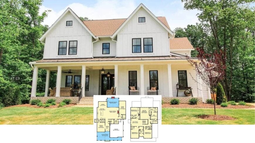 Farmhouse Style 4-Bedroom Three-Story Home with Pillared Front Porch and Flex Space (Floor Plan)