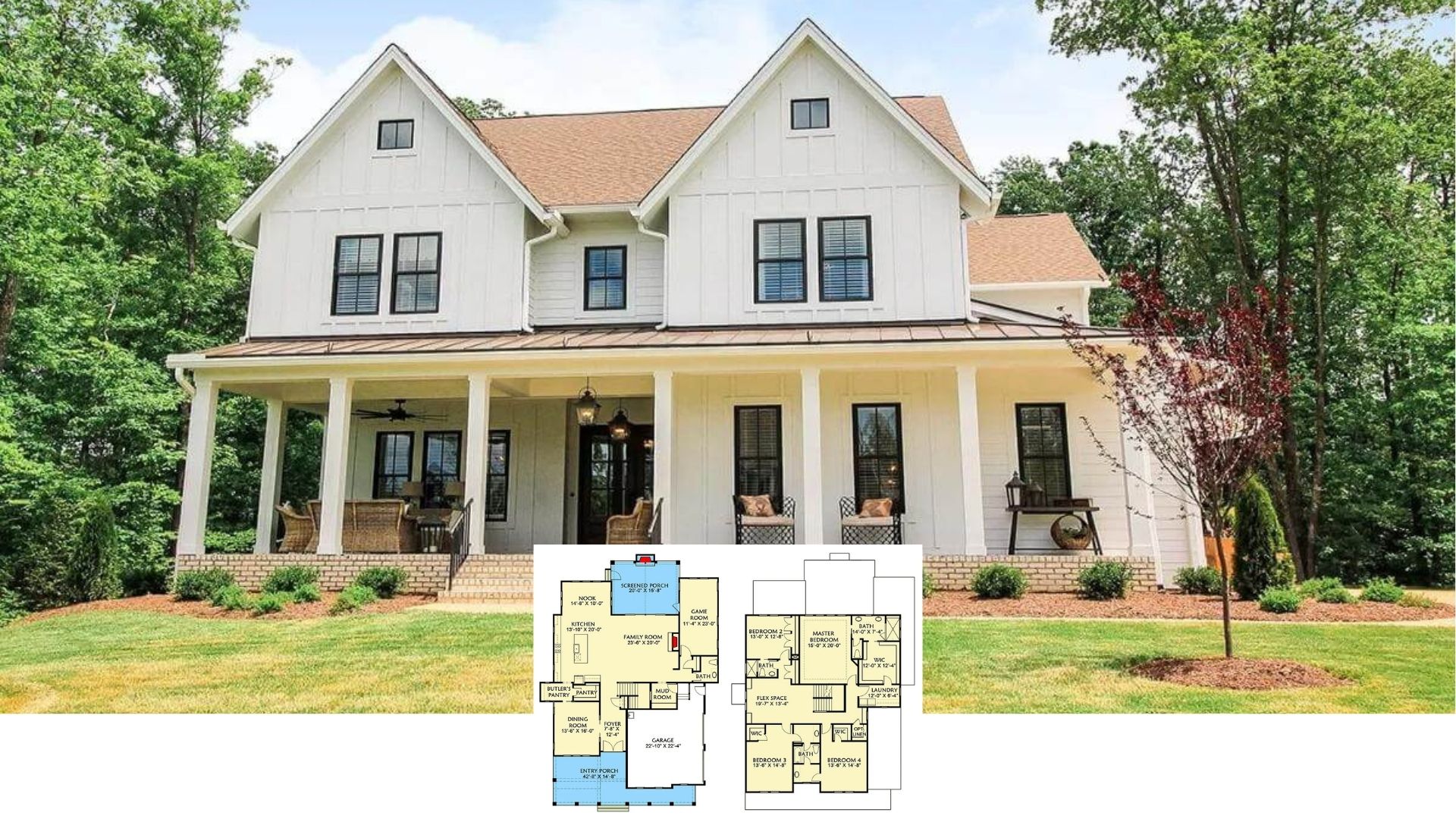 Farmhouse Style 4-Bedroom Three-Story Home with Pillared Front Porch and Flex Space (Floor Plan)