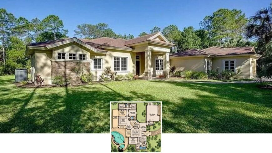 Tour This Column-Clad Ranch Home with a Poolside Screened Lanai and 3-Car Garage