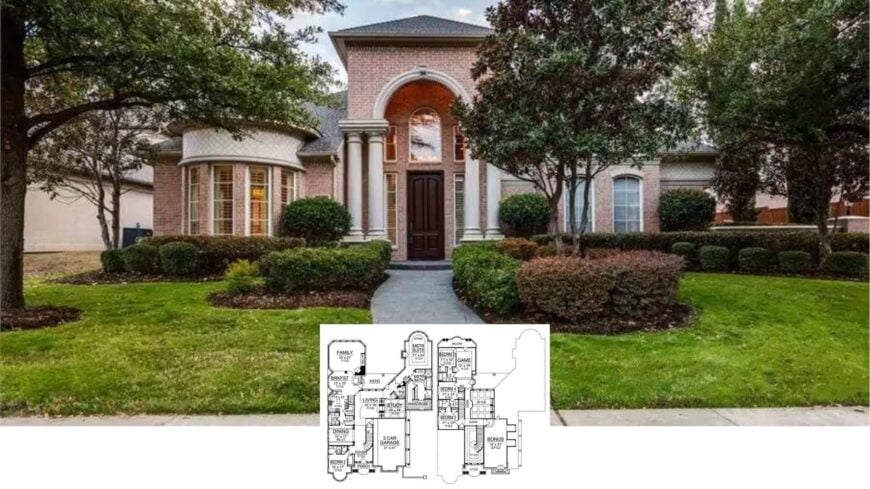 Tour This Grand 4-Bedroom Brick Manor with Sweeping Staircase and Resort-Style Pool (Floor Plan)
