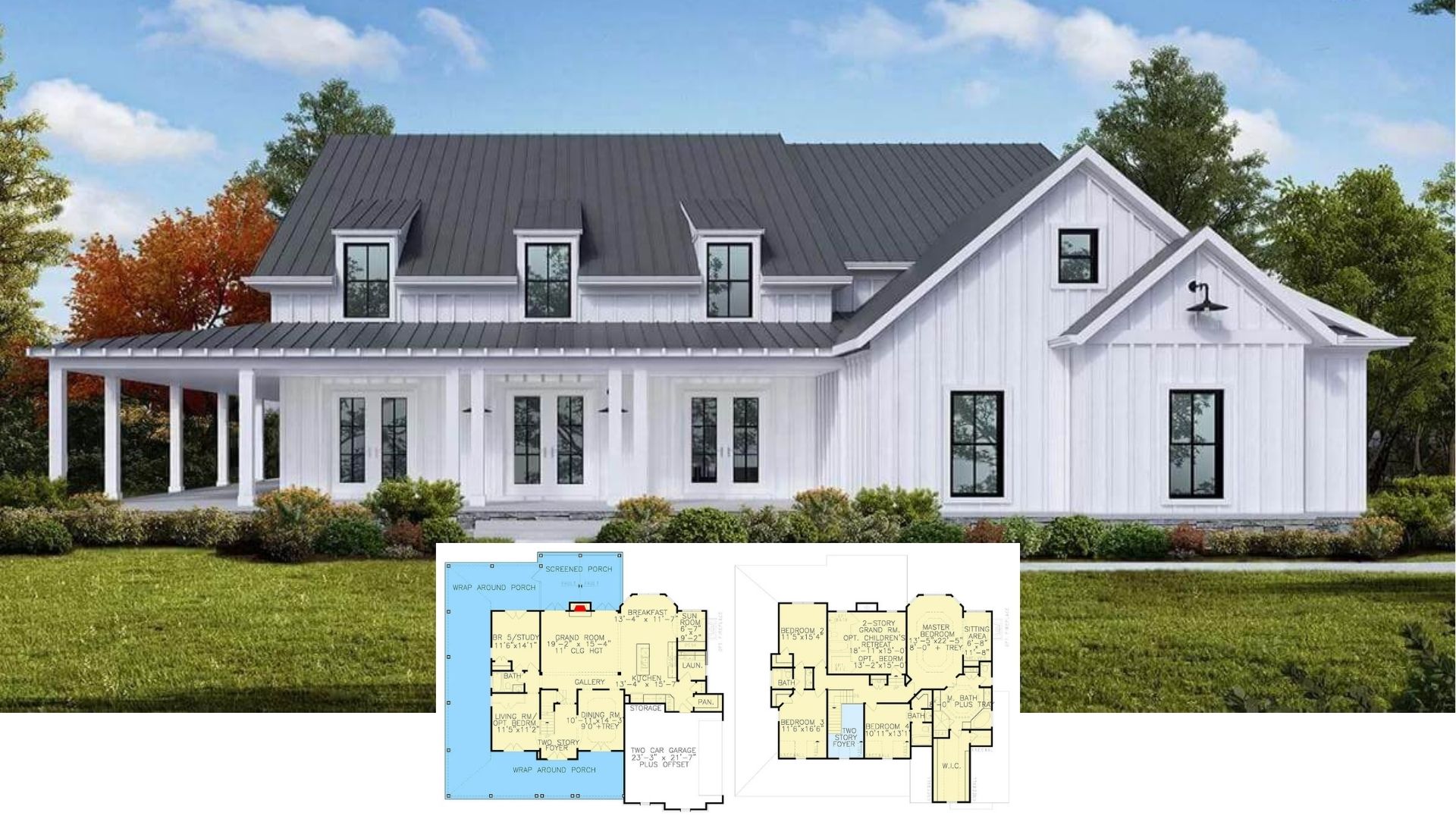 Step Inside This Bright 3,200-Sq.-Ft. Board-and-Batten Farmhouse With 4 Bedrooms and a Wrap-Around Porch