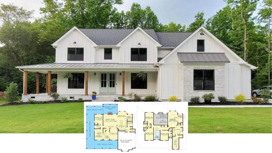 Take a Peek Inside This 3,800-Sq.-Ft. Modern Farmhouse with 6 Bedrooms, 4 Baths, and a Wrap-Around Porch (Floor Plan)