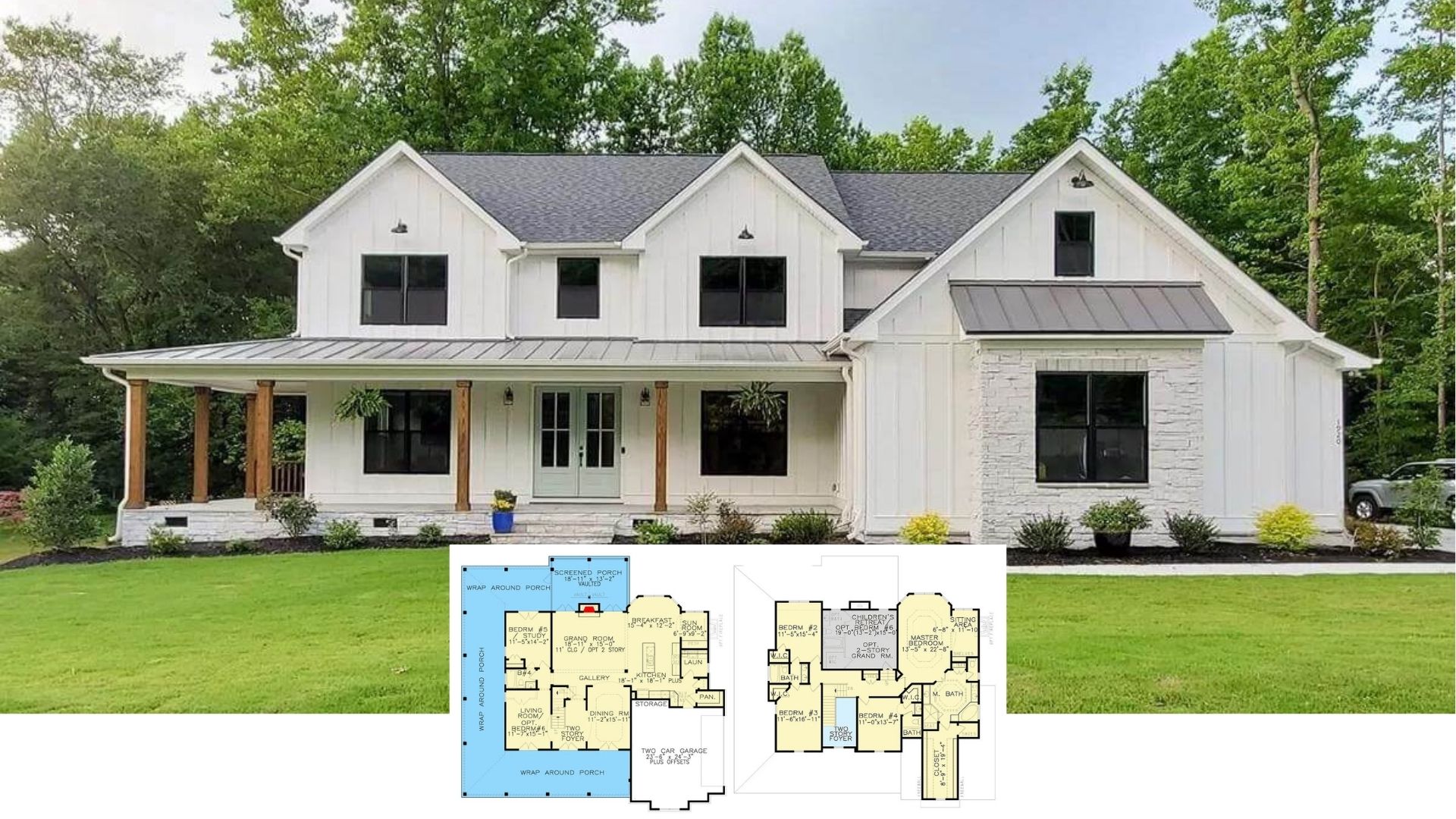 Take a Peek Inside This 3,800-Sq.-Ft. Modern Farmhouse with 6 Bedrooms, 4 Baths, and a Wrap-Around Porch (Floor Plan)