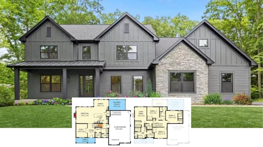 Tour This Striking 4-Bedroom Modern Craftsman with Stone-and-Wood Facade (Floor Plan)