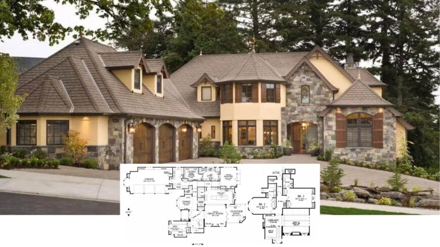 Step Inside This Fairytale 4-Bedroom Tudor-Inspired Manor with Turret and Library (4,200 Sq. Ft. Floor Plan)