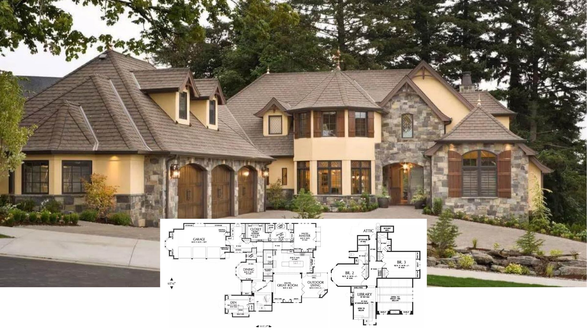 Step Inside This Fairytale 4-Bedroom Tudor-Inspired Manor with Turret and Library (4,200 Sq. Ft. Floor Plan)