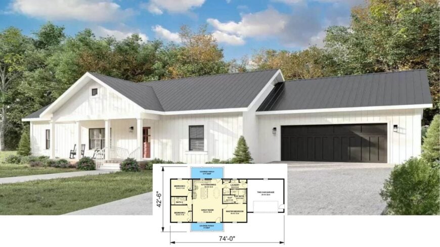 Step Inside This 3-Bedroom Farmhouse with Bold Black Roof, Dual Porches, and an Airy Open Layout