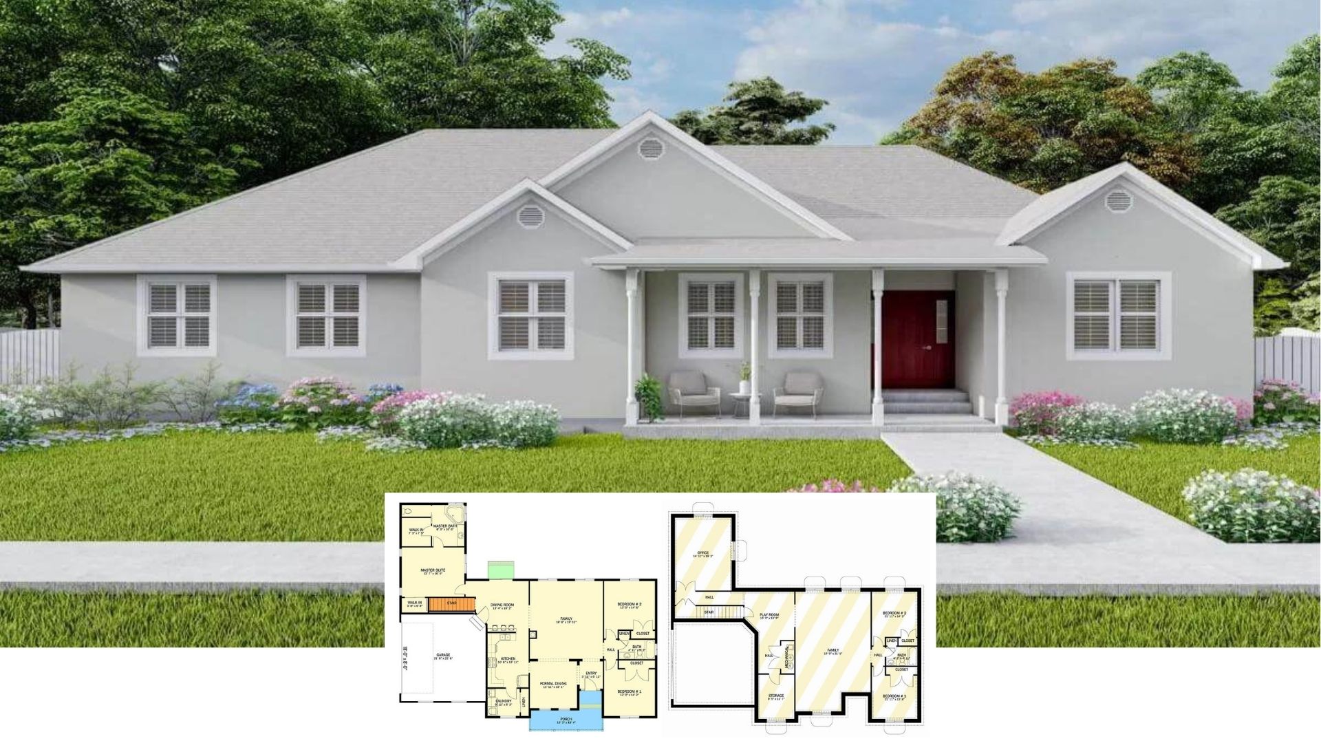 Step Inside This Inviting 3-Bedroom Transitional Farmhouse with a Cheerful Red Door (Floor Plan)