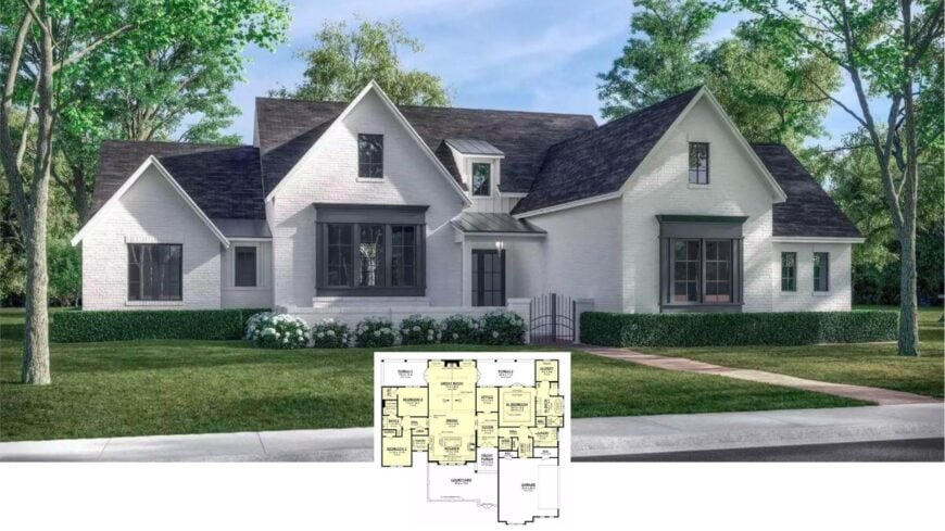 Step Inside This 3,415-Sq-Ft Dual-Gable White-Brick Farmhouse (Floor Plan)